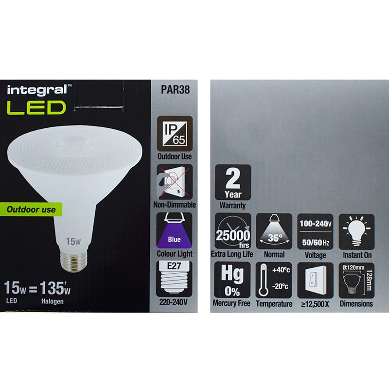 Integral LED 15w PAR38 Lamp - ES/E27 - Green / Amber / Blue - Image 5